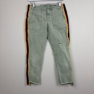 PAM & GELA Green Crop Pants Side Stripe Distressed Raw Hem Size 27